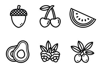 Fruits and Nuts Line Icons – Acorn, Cherries, Watermelon, Avocado, Raspberry, Olives