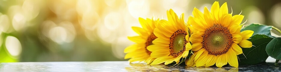 Obraz premium Three vibrant sunflowers rest on a surface, bathed in sunlight against a blurred green background.