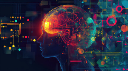 Fototapeta premium Vibrant visualization of machine learning concepts with human brain, showcasing neural connections and data patterns, representing fusion of technology and intelligence