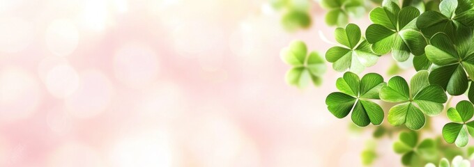 Lush green clover leaves on blurred pink background.