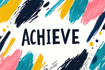 A stylish digital artwork featuring the word "ACHIEVE" in bold black typography over a dynamic background with vibrant abstract paint strokes.