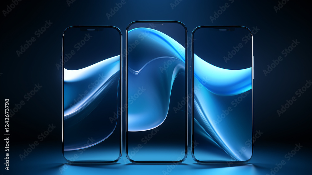 Aufkleber a blue background featuring three curved glass shapes, creating a futuristic and dynamic visual desi