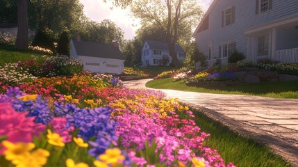 Obraz premium Suburban Spring Blooms Colorful Flowerbeds and Homes