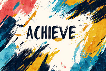 A stylish digital artwork featuring the word "ACHIEVE" in bold black typography over a dynamic background with vibrant abstract paint strokes.