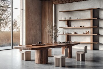 Minimalist dining room, wooden table, large window, serene view, peaceful atmosphere, interior design
