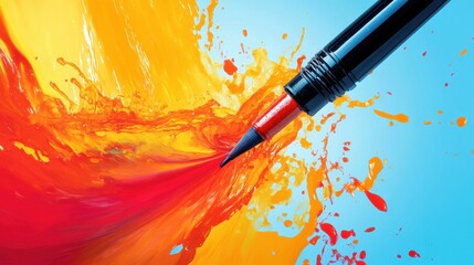 Fototapeta premium Paintbrush Splashing Vibrant Orange and Red Paint