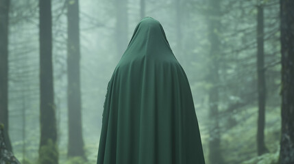 Enigmatic Figure in Foggy Forest: A mysterious figure, cloaked in a deep green hooded garment, stands amidst a dense, misty forest, their identity concealed.