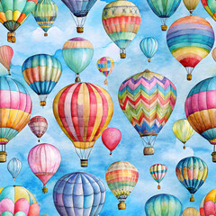 Obraz premium Seamless Watercolor Hot Air Balloons Pattern. Perfect for: Summer Festivals, Travel-Themed Events, Adventure-Themed Designs