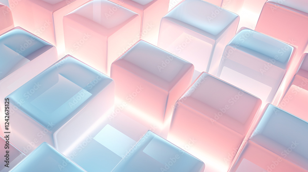 Poster A clean, modern abstract pattern with shiny white iridescent elements and a floating cube, luxury digital.

