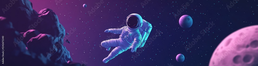 Canvas Prints astronaut floats in vibrant space nebula near planets and asteroids.