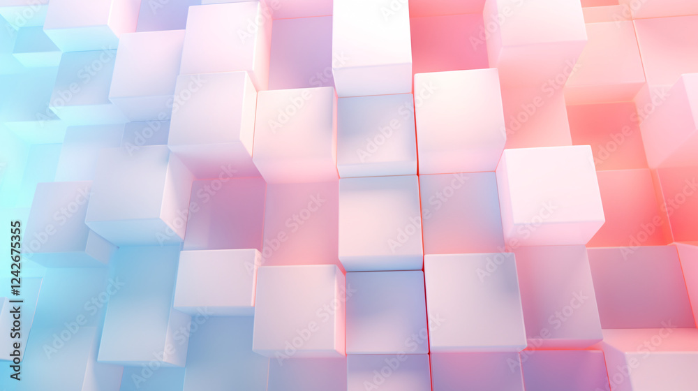 Poster A clean, modern abstract pattern with shiny white iridescent elements and a floating cube, luxury digital.

