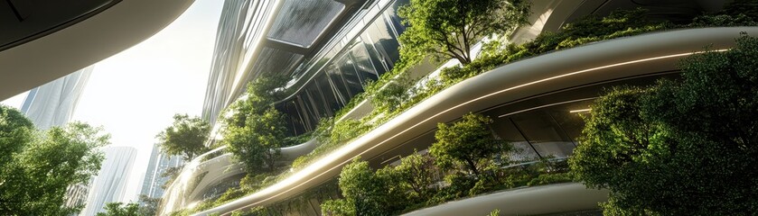 A futuristic green building with a focus on sustainable design and innovative architecture for a better future.