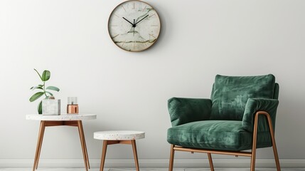 Fototapeta premium Chic Terracotta Design featuring Minimal Forest Green Armchair, Terrazzo Side Table, and Copper Wall Clock