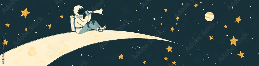 Wall mural astronaut on a crescent moon in space, using a megaphone to announce something.