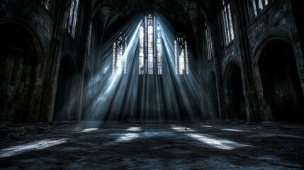 Sunbeams Illuminate Decaying Gothic Church Interior