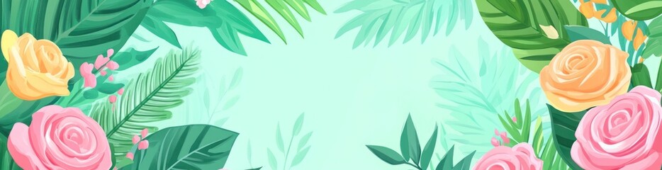 Fototapeta premium Pastel roses and tropical leaves frame a mint green background.