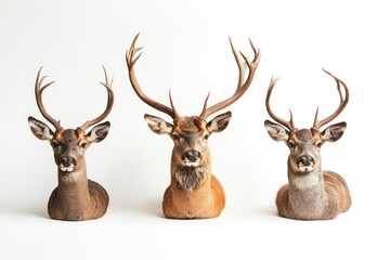 Naklejka premium Three deer taxidermy heads, studio shot, white background, hunting trophy