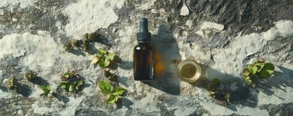 Organic serum bottle and glass jar on textured stone surface with green leaves. Natural skincare products for healthy skin and beauty routines