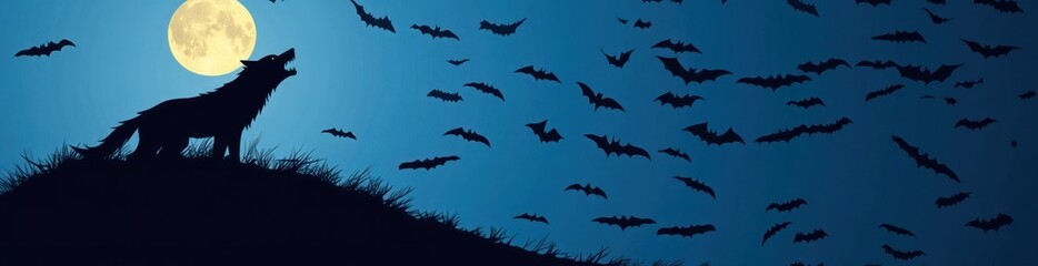 Howling wolf silhouetted against a full moon with a flock of bats flying overhead at night.