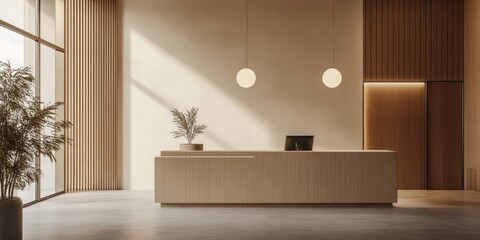 Modern Minimalist Reception Desk Design with Wooden Accents