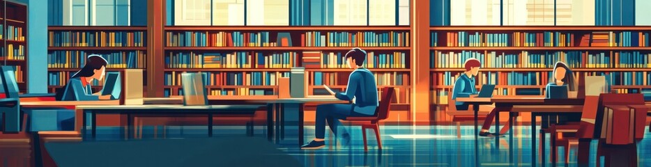 People studying and working in a library with many bookshelves.