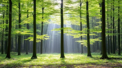 Fototapeta premium Sunbeams Illuminate Lush Green Forest Canopy