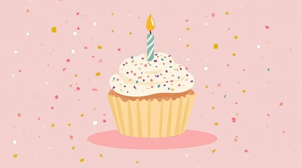 Single cupcake with lit candle and sprinkles on pink background.