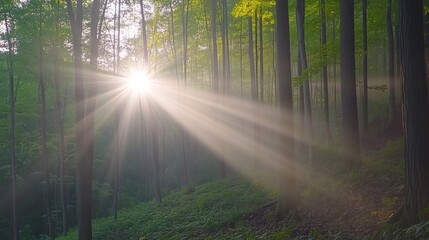 Fototapeta premium Sunbeams Illuminate Misty Forest Path at Dawn