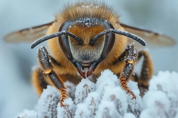 Macro of a bee on a white flower collecting nectar