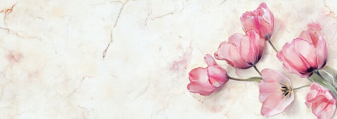 Delicate pink tulips arranged on a marble background.
