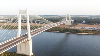 Fototapeta premium Elevated bridge with cable stays and river scenery, landscape, highway, stays