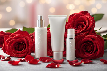 Cosmetic Packaging Mockups With Roses for Romantic Advertising and Valentine's Day Promotions