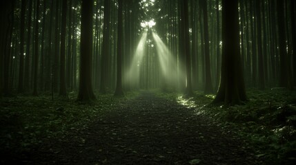 Sunbeams Illuminating Forest Path Mystical Woodscape