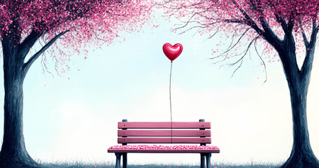Romantic park bench under cherry blossoms with a heart-shaped balloon