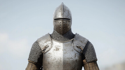 Medieval Knight in Armor: A weathered yet majestic medieval knight stands before a clear sky, his steel armor reflecting the light, a powerful symbol of history and protection.