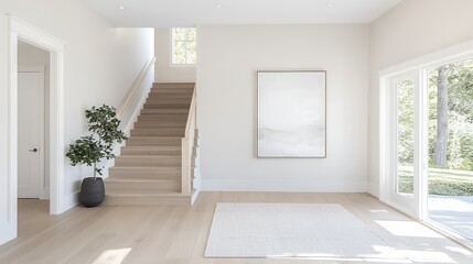 Modern home foyer with stairs, artwork, and patio doors