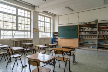 Empty classroom with a few books stacked on shelves behind the chalkboard, bookshelves, quiet room, books