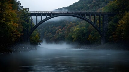 Obraz premium Arched Bridge Disappearing into Mist Over Scenic River Surrounded by Lush Greenery in Autumn Landscape