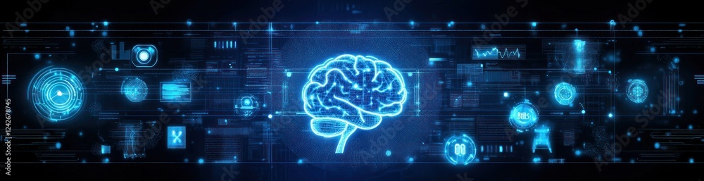 Poster glowing brain in digital interface.