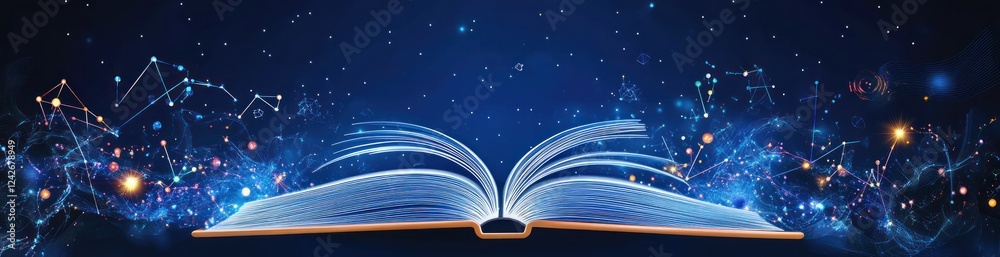 Wall mural open book glowing with digital data streams and connections.