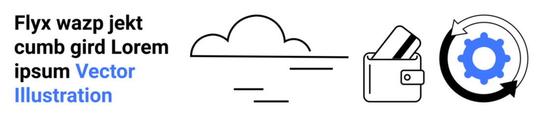 Cloud with lines, wallet with cards, gear and circular arrow. Ideal for digital services, cloud computing, fintech, security, data management user interface landing page. Landing page