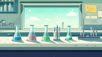 Colorful liquids in beakers and test tubes on a lab counter in a science laboratory with a window view.