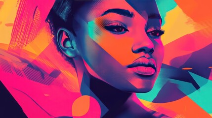 Obraz premium An abstract portrait of a person with bright geometric shapes and neon gradients surrounding the face