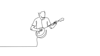 Continuous one line drawing animation of man playing banjo guitar acoustic. Classical music instrument single line drawing. Animation video