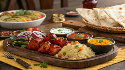 Traditional Indian Cuisine Platter with Tandoori Chicken and Various Curries
