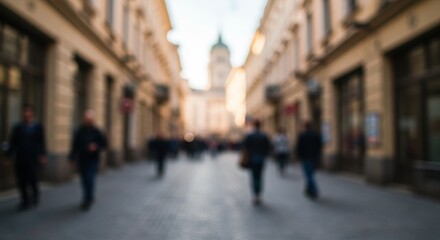 Blurred urban scene with people walking down historical european street