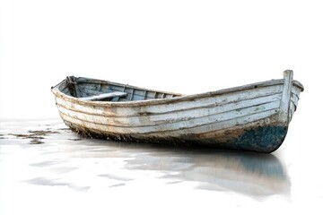 Old weathered wooden boat rests on a shallow, sandy shore, partially submerged in calm water.