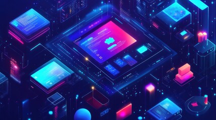 Fototapeta premium Isometric illustration of a complex digital network with glowing interfaces and data streams.
