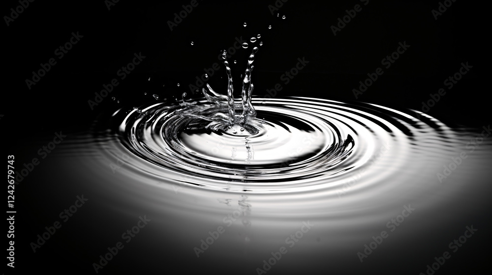 Poster a drop of water falls, creating ripples on the surface against a dark background, ideal for presenta