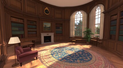 Obraz premium Sunlit Circular Library with Antique Furnishings and Bookshelves